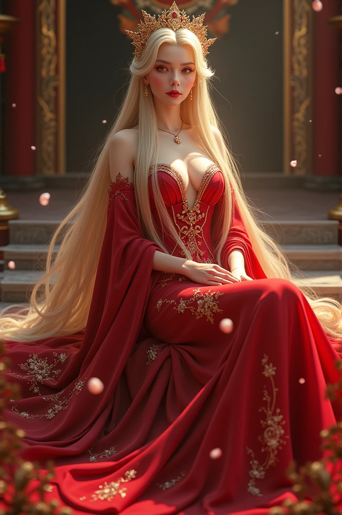 A queen japanese sitting , long hair, golden hair, red eyes and red gown