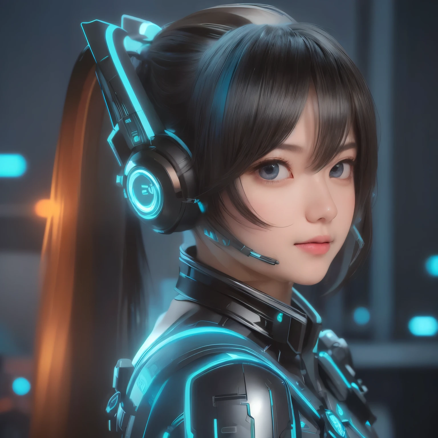 Top Quality, Masterpiece, Ultra High Resolution, (Photorealistic: 1.4), Raw Photo, 1 Girl, Black Hair, Glossy Skin, 1 Mechanical Girl, (((Ultra Realistic Details)), Portrait, Global Illumination, Shadows, Octane Rendering, 8K, Ultra Sharp, Intricate Ornaments Details, realistic skin, sweat effect, ((wearing Headphone)), very intricate detail, realistic light, CGSoation trend, brown eyes, glowing eyes, matte black and neon blue mechanical bodysuit, Long hair, black hair, Ponytail hair, full body shot, spaceship bridge background, dynamic pose, cute smile, close up,