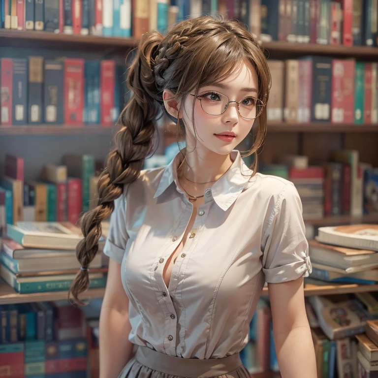 librarian、Clean look、White blouse、Tight Skirt、Glasses(masterpiece:1.3), (8k, Realistic, RAW Photos, Best image quality: 1.4), Japanese 、2,(Random Hairstyles:1.2)、Cleavage:1.2、Highly detailed face、Attention to detail、double eyelid、Chest to chest、Sharp focus:1.2、Beautiful woman:1.4、Light brown hair、Highest quality、masterpiece、Ultra-high resolution、(Realistic:1.4)、Highly detailed and professionally lit smiles、She is looking for a book、Braiding、Remember