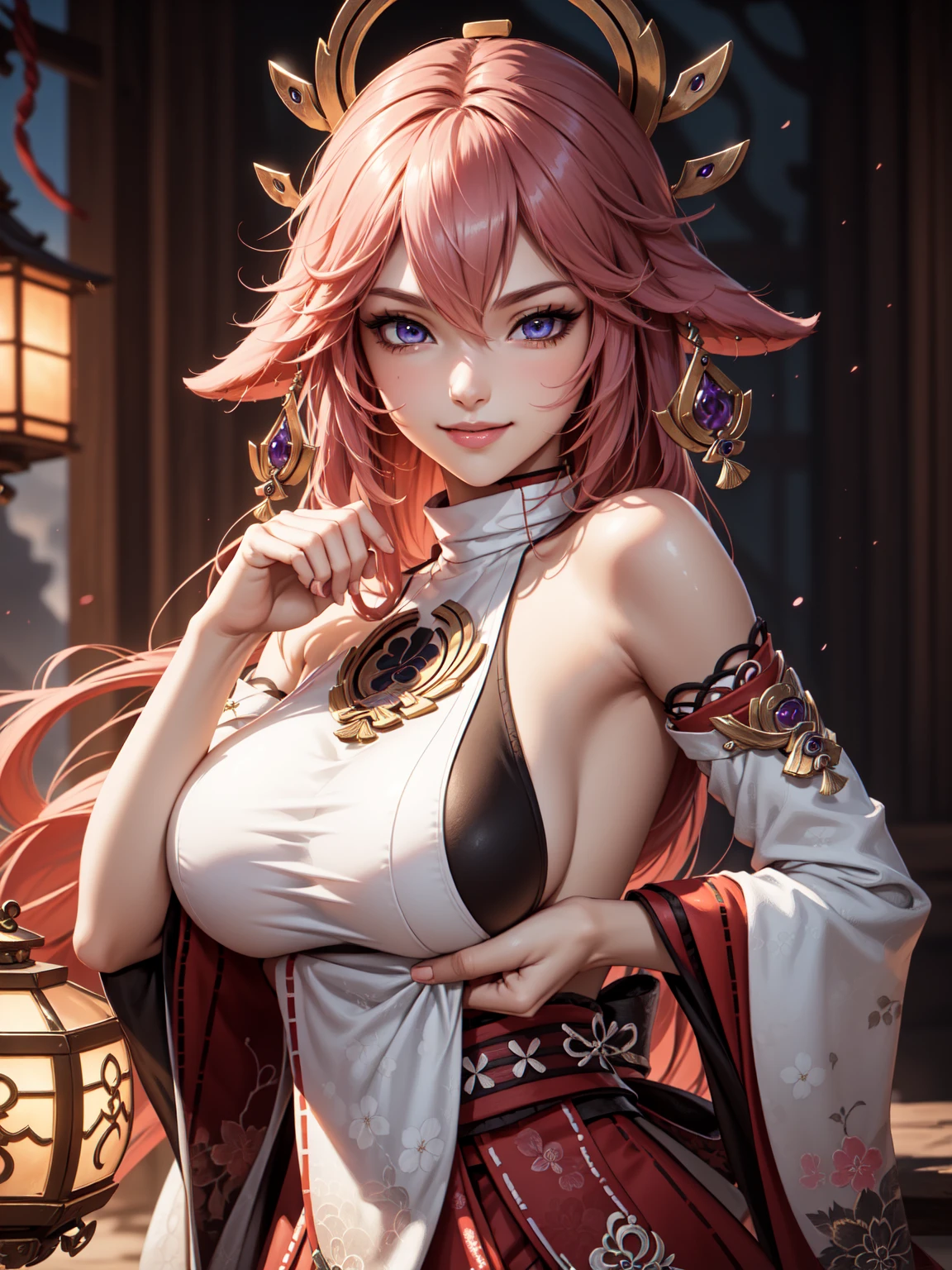 grasping and squeezing breasts,((masterpiece)),(bestquality),((ultra-detailed)), (beautiful detailed face), depth of field,detailed,((beautiful detailed eyes)), (fantasy art:1.5), ((yaemikodef)), cowboy shot, (armpits pose:1.2), body goals, perfect body, official art, gigantic breast, cute, smile,