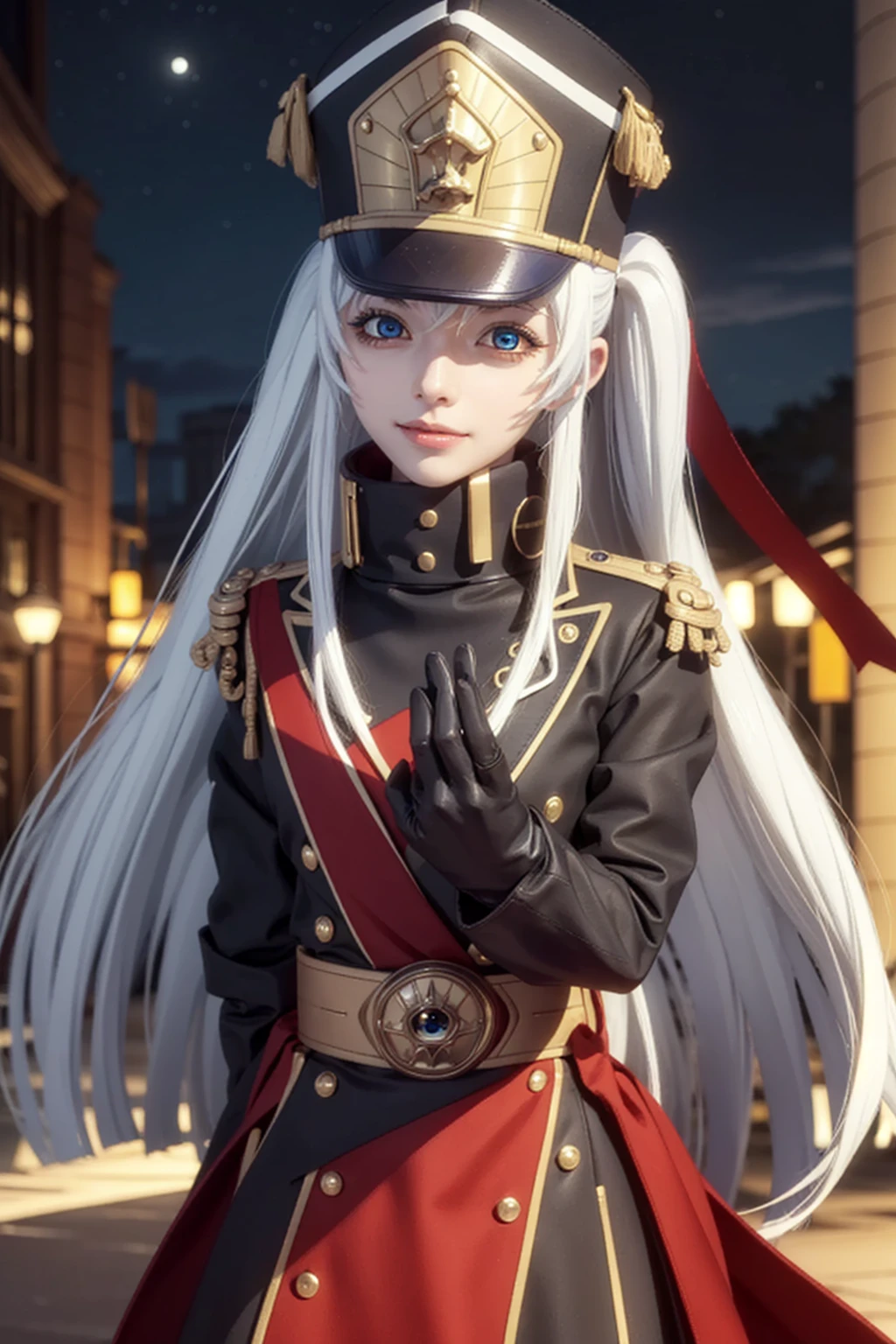 recreatorsaltair, altair, long hair, (red eyes:1.3), very long hair, white hair, smile, grin,
BREAK gloves, hat, uniform, military, military uniform, shako cap,
BREAK outdoor, city, night, sky, buildings, moon, clouds,
BREAK looking at viewer, (cowboy shot:1.5),
BREAK (masterpiece:1.2), best quality, high resolution, unity 8k wallpaper, (illustration:0.8), (beautiful detailed eyes:1.6), extremely detailed face, perfect lighting, extremely detailed CG, (perfect hands, perfect anatomy),