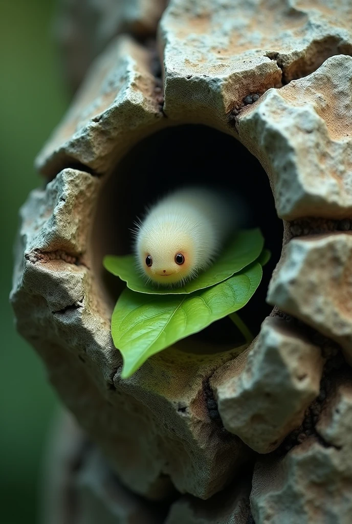 a caterpillar inside a broken rock is eating a green leaf at the tip of its mouth