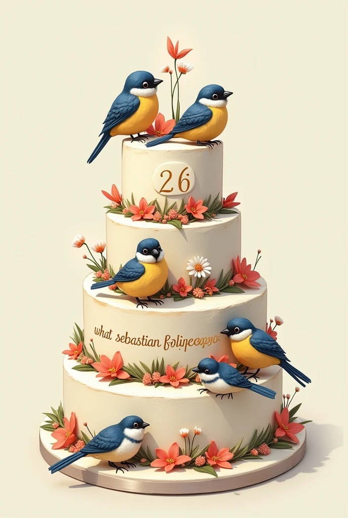 Birthday cake with birds drawn inside the cake, what Sebastian Felipe says, the number 26 
