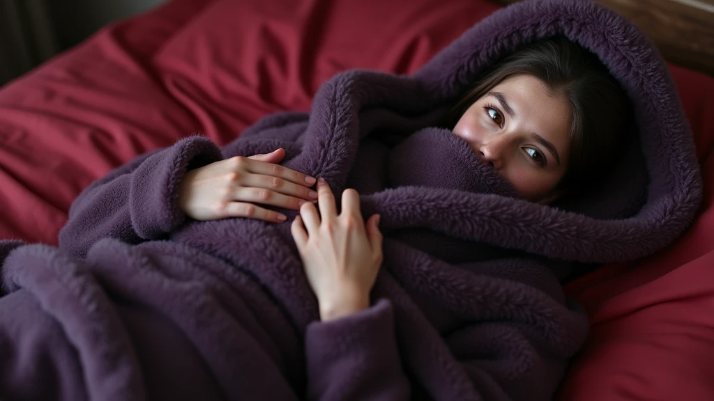 The state of adult girl is bound as a slave or serf, wrapped in two plush fleece dark purple blankets, smothered, bound and wrapped very tightly in a cocoon of very soft fluffy chinchilla fur blanket, squeezing around her body, lying down and tied, getting fully wrap from head to toe and squeezed inside a tight, thicc, fluffy fur blanket looking like a cocoon, the blanket is very soft and it wrapping over her mouth gagging her, with a very soft fabric, she is laying on a very soft red bed, full body view.