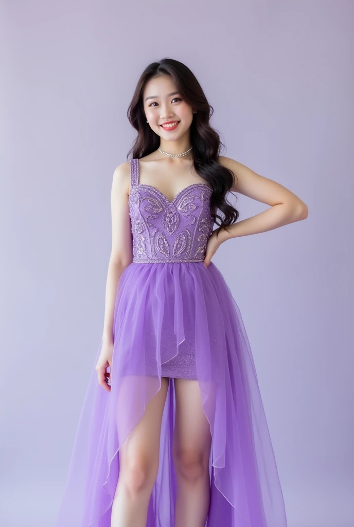 Rora from the girl kpop group Baby Monster wearing a purple 15th birthday party dress that shows her legs in front .  that allows you to see the whole body .  Please 