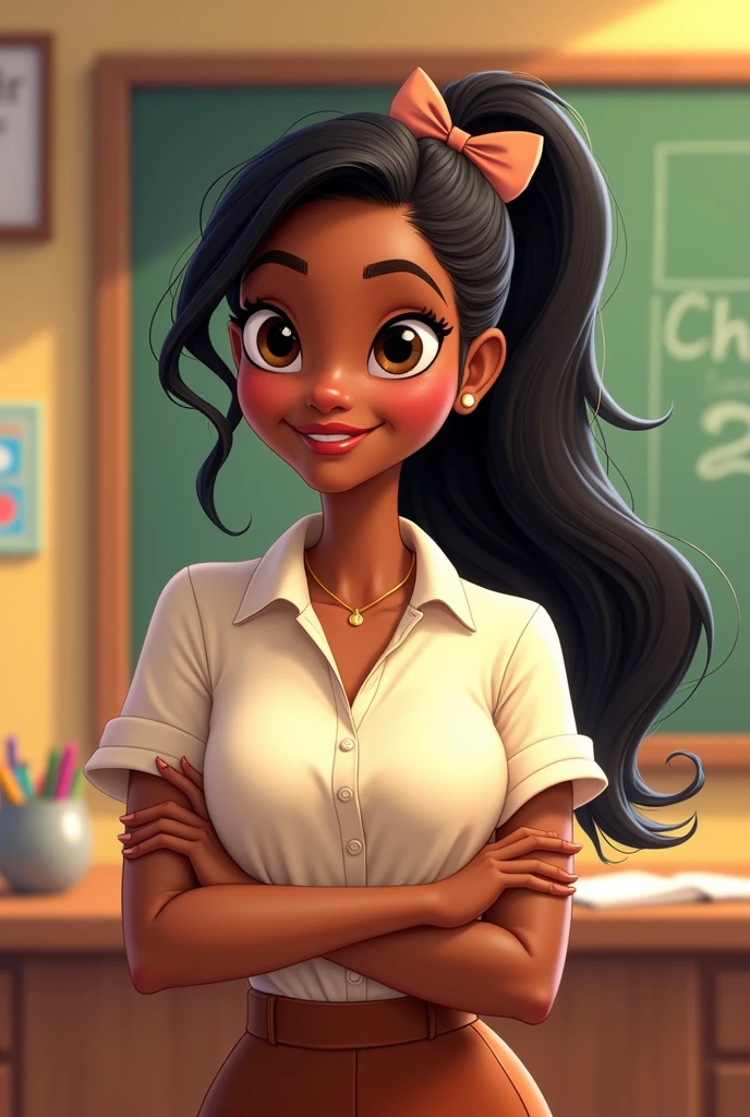 Disney-style image of a 40-year-old teacher, Dark skinned with long wavy black hair with a bow on her head and a ponytail hairstyle with big cheeks
