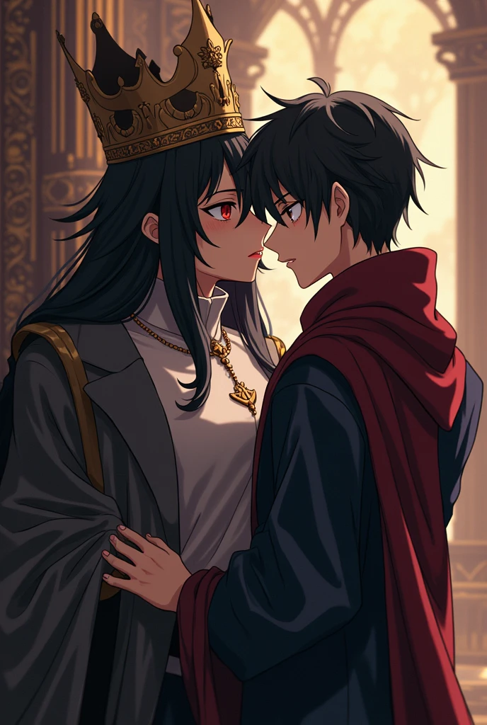 Animation anime A wizard in a kingdom who has black hair with a white streak, his slanted eyes, his androgynous body, his king intimidates him against the wall, very flirtatious