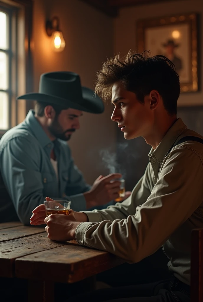 Young handsome cute white skin soft skinny beautiful in a cowboy bar sitting watching the other handsome man play