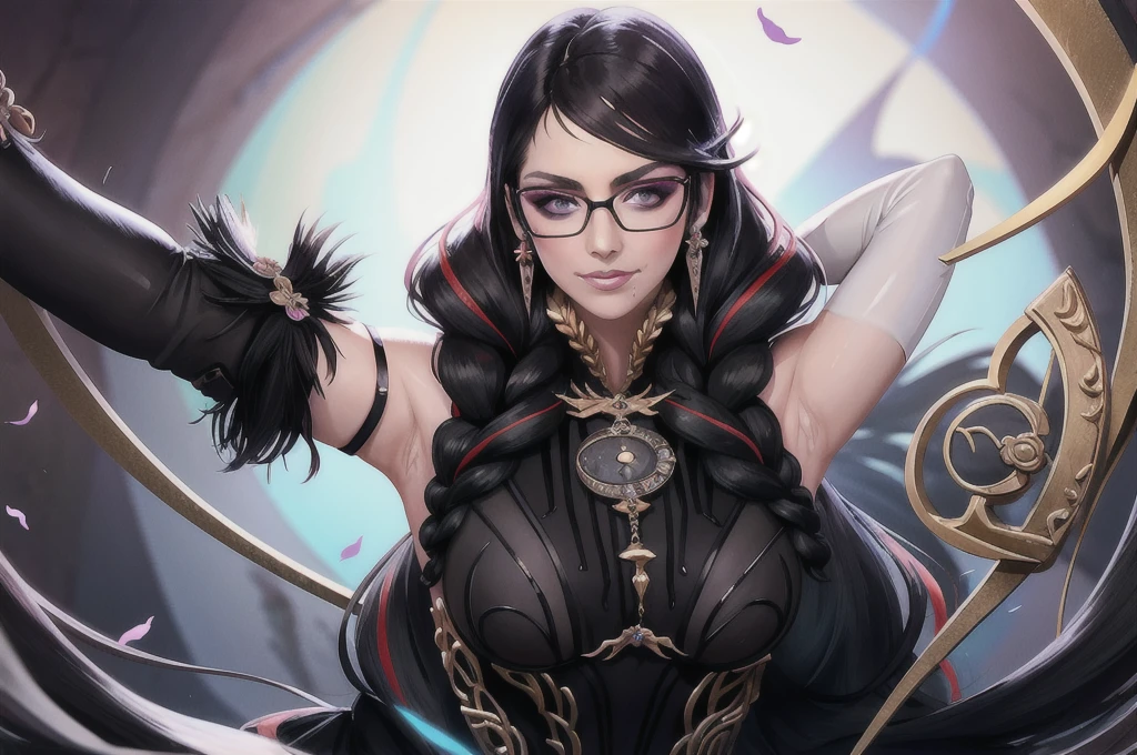 bayonetta_l_aiwaifu,glasses,blue_eyes ,black_hair,long_hair,two-tone_hair,twintails,breasts,jewelry,earrings,gloves,mole_under_mouth,lips,large_breasts,twin_braids,makeup,black-framed_eyewear,bodysuit,elbow_gloves,very_long_hair,lipstick,multicolored_hair,ribbon,amulet,(((showing armpits and pussy half naked))) smiling. 