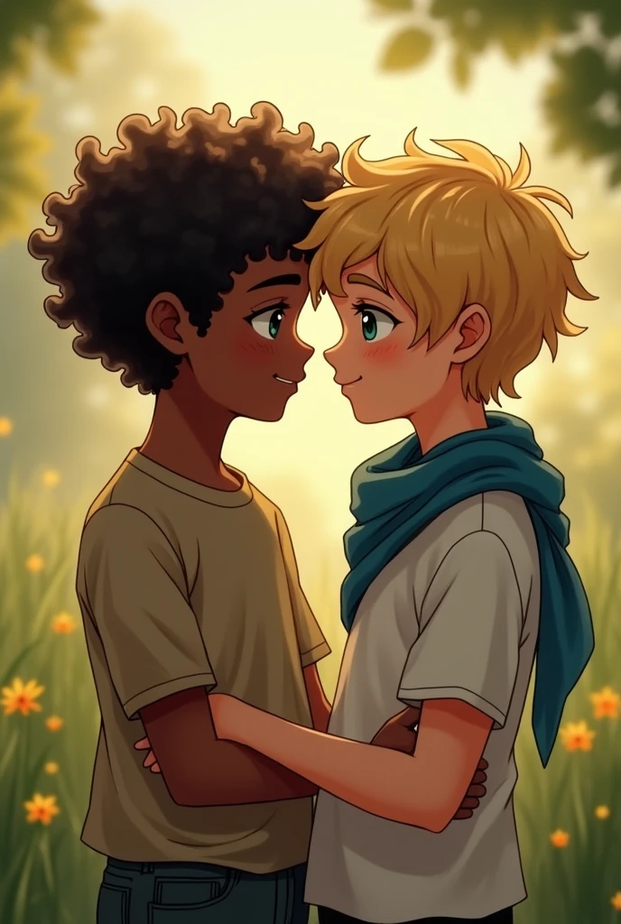 Two American boys in love, each one with , whose one has curly hair and black skin, and the other one has blonde hair and wears a blue bandana, and has green eyes.