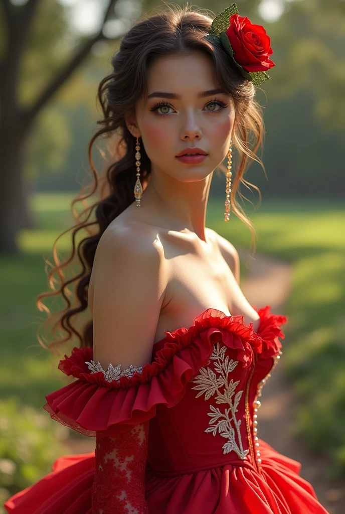 Woman Jennifer connelly Young 20 years old model long hair Brow bun with red rose in hair n blue eyes dress red ballet flamenco sevillana ruffles white lace long gold earrings in park 