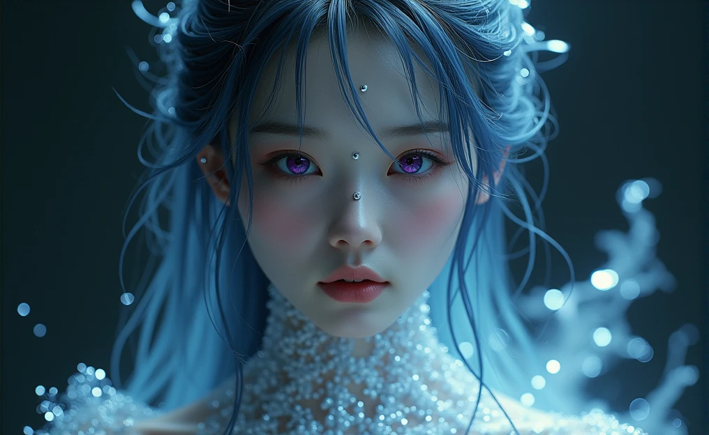 The figure of an almost unreal pale-skinned Asian woman, with what appears to be a liquid like mercury covering parts of his body and face, with dark purple eyes, with a mysterious but otherworldly aura and water-blue hair tied up and neat, The background is dark like outer space with silver colors