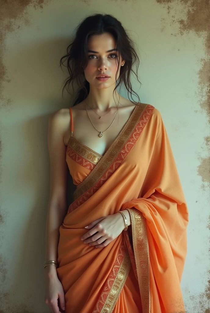 Anna hathway with pale skin,white skin, hourgalss body, wearing saree, wall, poor quality picture, bad quality picture