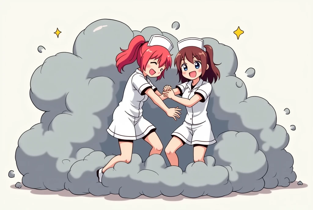 An anime-style illustration depicting nurses playfully wrestling with each other inside a gray comical fight cloud (dust cloud).
each nurse has different  colored hair.
their faces,hands,and feet are visible emerging from the cloud as they tussle humorously,  with the rest of their bodies completely hidden inside the cloud.
the illustration emphasizes the humorous and energetic nature of their scuffle,with a fluffy  and exaggerated fight cloud.
