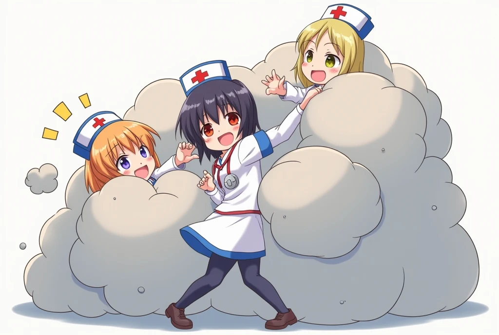 An anime-style illustration depicting nurses playfully wrestling with each other inside a gray comical fight cloud (dust cloud).
each nurse has different  colored hair.
their faces,hands,and feet are visible emerging from the cloud as they tussle humorously,  with the rest of their bodies completely hidden inside the cloud.
the illustration emphasizes the humorous and energetic nature of their scuffle,with a fluffy  and exaggerated fight cloud.