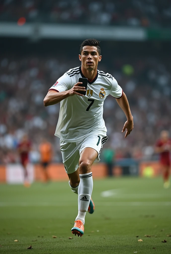 A footballer ronaldo with his jersey catching a phone ni vlogging style photo from back with his 7 number jersey