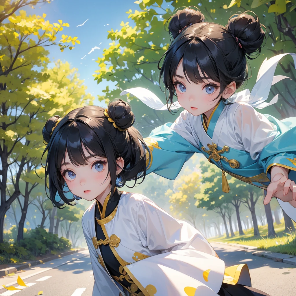 A chibi child girl had a small face and Wearing white little Taoist priest's outfit, A pair of big round eyes shone with curiosity about him, This child was so cute, her hair is black with two buns on her hair, Yellow ginkgo leaves stand on both sides of the road, and Yellow Ginkgo Leaves fall from the trees, Behind them are low clouds and a blue sky.