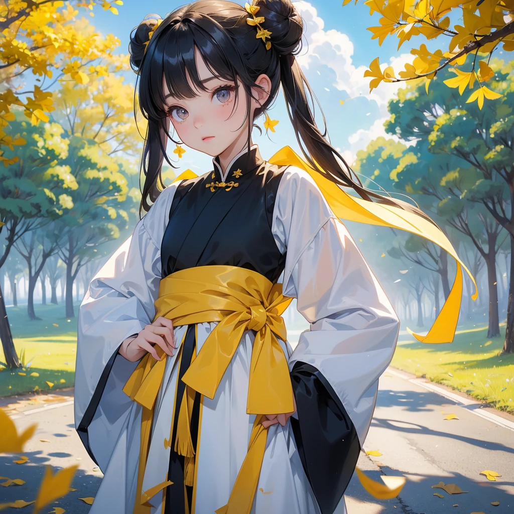 A chibi child girl had a small face and Wearing white little Taoist priest's outfit, A pair of big round eyes shone with curiosity about him, This child was so cute, her hair is black with two buns on her hair, Yellow ginkgo leaves stand on both sides of the road, and Yellow Ginkgo Leaves fall from the trees, Behind them are low clouds and a blue sky.