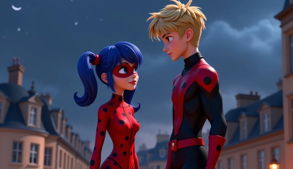 Ladybug (Marinette),20-years-old age girl,blue_hair_color, pigtails_hairstyle,blue_eyes,wearing her red and black-spotted superhero suit,in paris city,The rooftops around her should be typical Parisian buildings,night sky,full body, she with Depict Cat Noir (Adrien),20-years-old teenboy,blond_hairstyle,he lookin at her,The teenage is a taller than the teenage girlanimation,disney_inspiration,high quality.