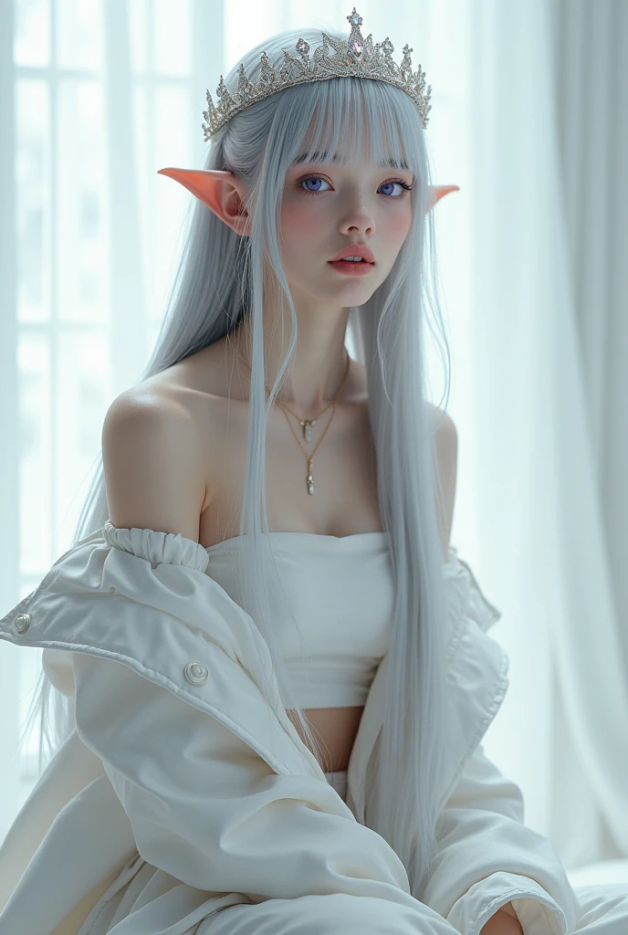 best quality, Very detailed, masterpiece, Very detailed, (Reality: 1.2), 1 girl, (White background), Simple background, Exquisite eyes, silver hair, Purple Eyes, hair_decorate, (White off-the-shoulder shirt: 1.3), long hair, Pointy_ear, crown_Weaving, poker face, straight hair, (++ sit: 1.2), Room,Naked trench coat (Huge breasts:1.2),Moist skin((rogue))cool atmosphere