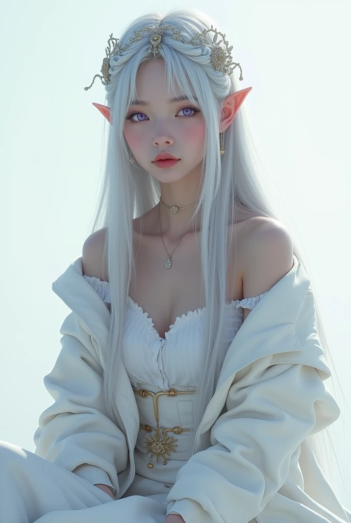 best quality, Very detailed, masterpiece, Very detailed, (Reality: 1.2), 1 girl, (White background), Simple background, Exquisite eyes, silver hair, Purple Eyes, hair_decorate, (White off-the-shoulder shirt: 1.3), long hair, Pointy_ear, crown_Weaving, poker face, straight hair, (++ sit: 1.2), Room,Naked trench coat (Huge breasts:1.2),Moist skin((rogue))cool atmosphere