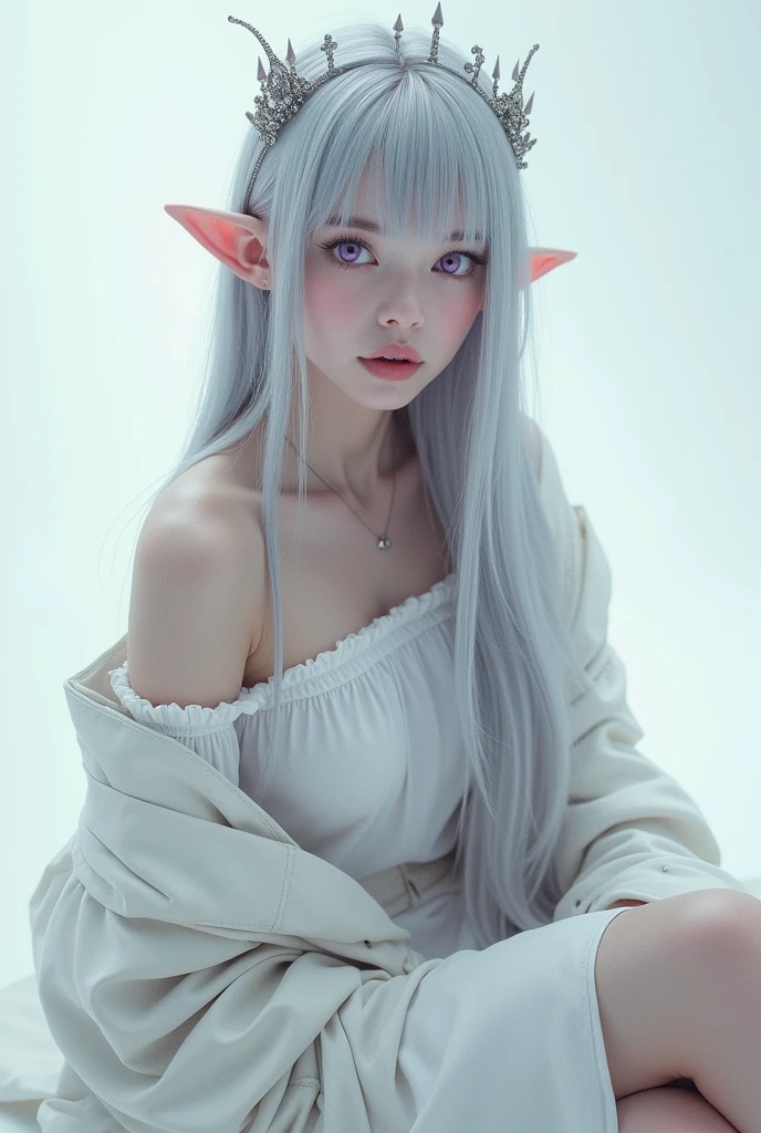best quality, Very detailed, masterpiece, Very detailed, (Reality: 1.2), 1 girl, (White background), Simple background, Exquisite eyes, silver hair, Purple Eyes, hair_decorate, (White off-the-shoulder shirt: 1.3), long hair, Pointy_ear, crown_Weaving, poker face, straight hair, (++ sit: 1.2), Room,Naked trench coat (Huge breasts:1.2),Moist skin((rogue))cool atmosphere