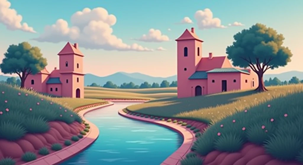 draw it as a CARTOON HERE IS THE DESCRIPTION: A serene and bucolic landscape that can evoke the essence of a valley with soft tones and a charming atmosphere. Although it is not pink, The calm atmosphere and wide field can help you visualize how it could be adapted for a "Pink Cotton Valley" with pink nuances and similar elements.
