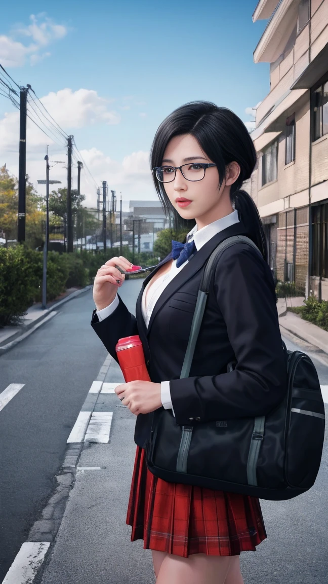 A beautiful detailed girl in a school uniform, wearing glasses, with small breasts, tie, skirt, and a school bag, standing on a path in an outdoor environment, with vehicles and buildings in the background, (best quality,4k,8k,highres,masterpiece:1.2),ultra-detailed,(realistic,photorealistic,photo-realistic:1.37),illustration,extremely detailed,equipment:1.4,1girl,beautiful detailed eyes,beautiful detailed lips,extremely detailed eyes and face,longeyelashes,black hair,outdoor,path,cleavage,street,schoolbag,ground vehicles,residential area,Japan,