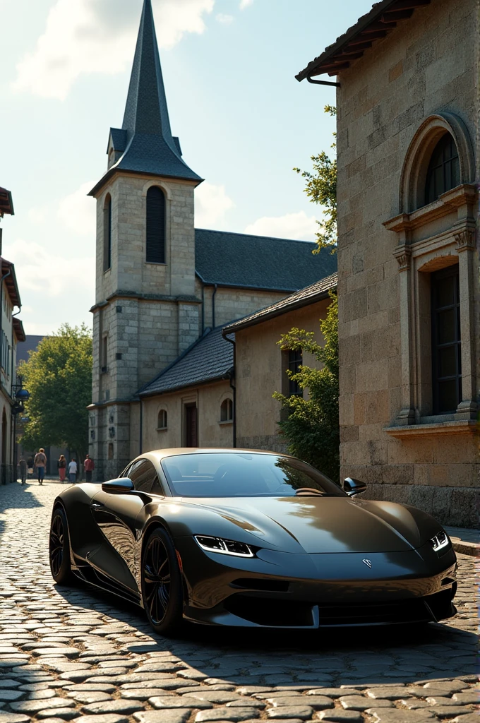 A luxury car next to a modest church.