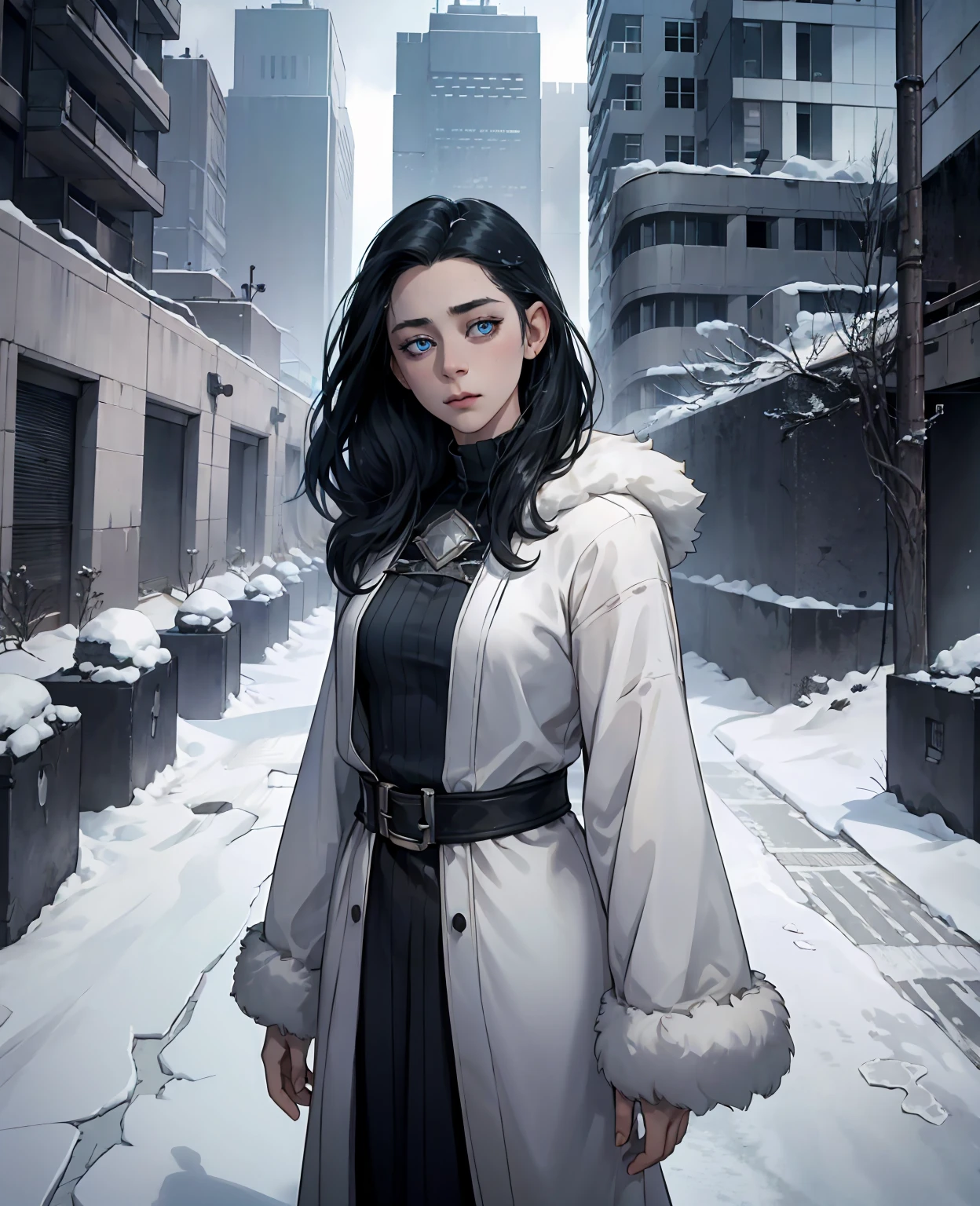 **Saoirse Ronan as the Broken Wanderer:** Close to the camera, Saoirse Ronan’s long, black hair and piercing blue eyes stand out against the grim backdrop. Her face, covered in grime, is framed by torn, ragged layers of wool and leather, a tattered fur coat, and worn boots. The desolate, modern city ruins loom behind her, with silent, snow-covered streets and eerie, frozen skyscrapers. The close-up captures the haunting emptiness of shattered glass and debris, reflecting the harsh, frozen world she navigates.