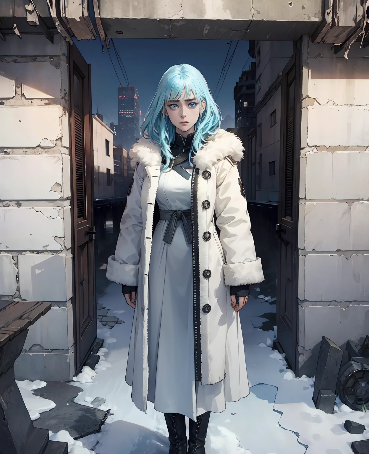 **Saoirse Ronan as the Broken Wanderer:** Close to the camera, Saoirse Ronan’s long, black hair and piercing blue eyes stand out against the grim backdrop. Her face, covered in grime, is framed by torn, ragged layers of wool and leather, a tattered fur coat, and worn boots. The desolate, modern city ruins loom behind her, with silent, snow-covered streets and eerie, frozen skyscrapers. The close-up captures the haunting emptiness of shattered glass and debris, reflecting the harsh, frozen world she navigates.