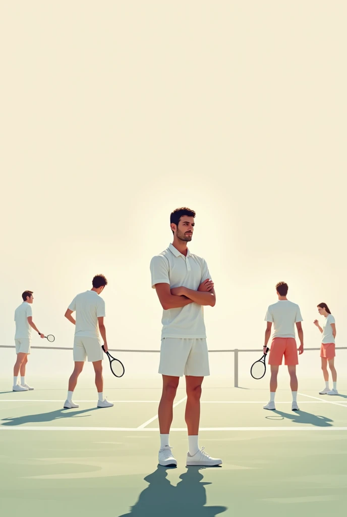 Minimalist square-sized image of Novak Djokovic with Jannik Sinner, Rafael Nadal, Carlos Alcaraz, and Andrey Rublev playing a match. In the background a tennis court, with soft and pretty colors, with the English phrase of Novak Djokovic: “The winner is the one who believes in victory more”. It is important that Novak and the phrase are the protagonists of the image.