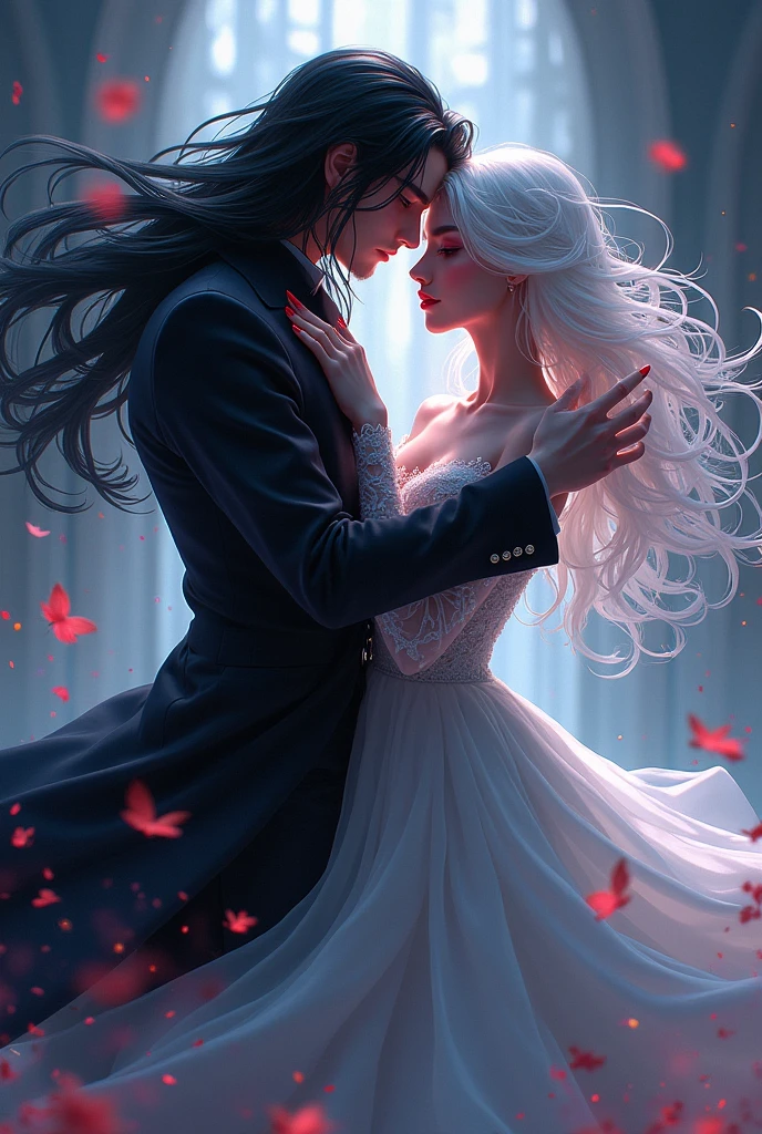 man with long black hair and red eyes dancing with a woman with white hair, dark skin and red eyes, anime styling