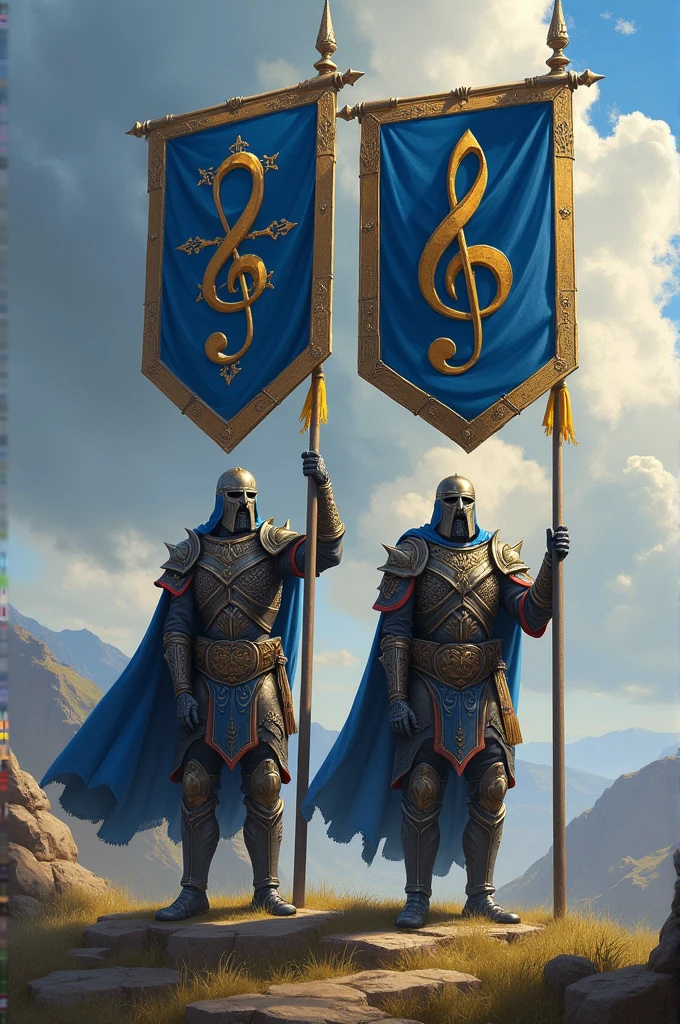 Flag bearers guardians With blue shield with golden border with treble clef in the middle
