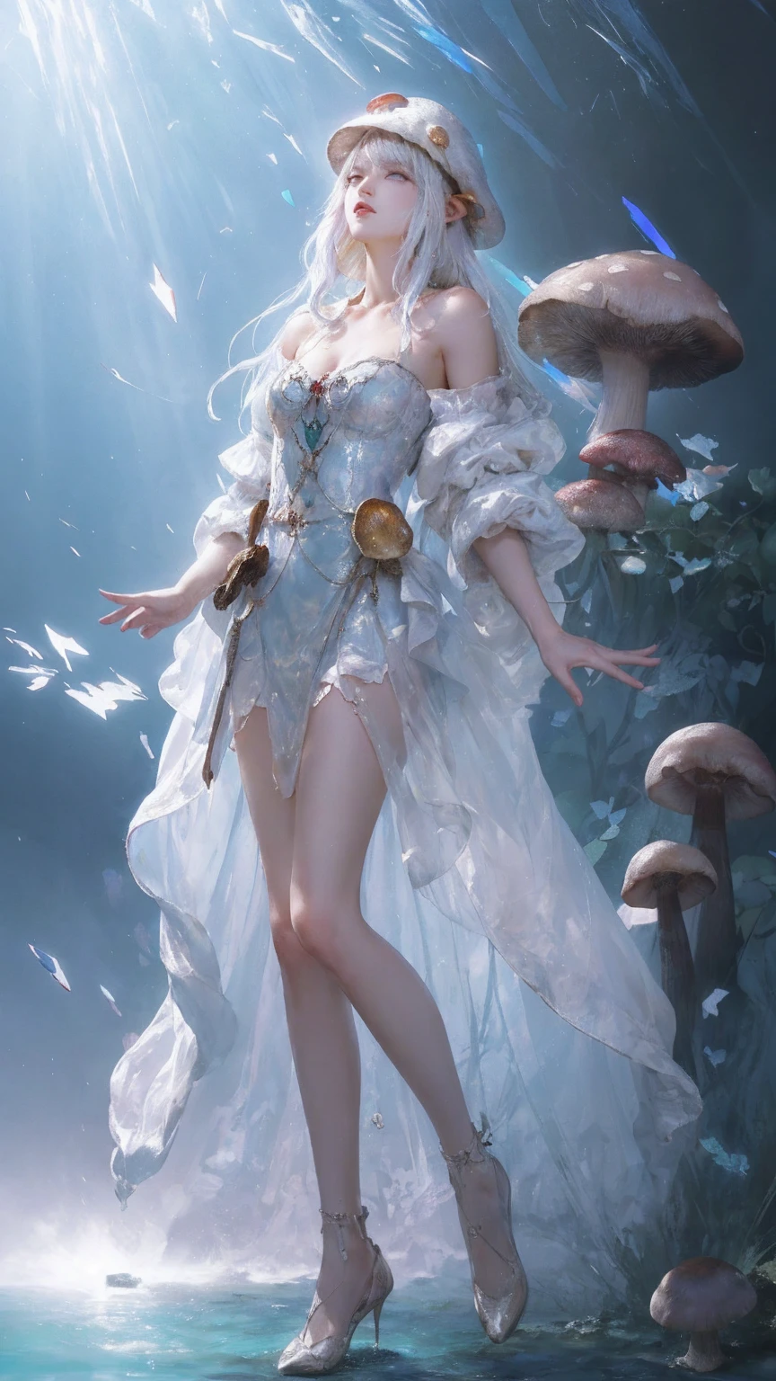 (masterpiece), (best quality), illustration, Extremely detailed, HDR, Depth of Field, (rich and colorful), ,1 Girl,Bare shoulders,Cold theme,shattered glass,Break the wall,Water Theme,White hair,Flash,White Dress,Shut up,constellation,Flat Color,Weaving,Flash,White Robe,float,Shut up,constellation,Flat Color,look up,permanent,Medium Length Hair,permanent,Solitary,In the mushroom forest,Wear (mushroom cap:1.3),big mushroom cap,spotted mushroom cap,There are a lot of white spots,