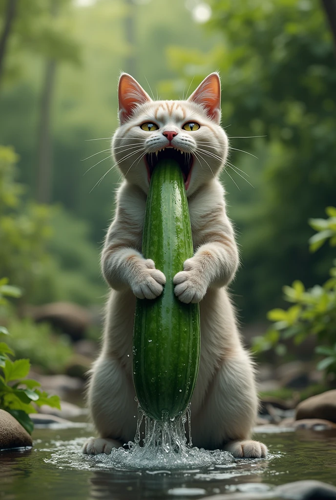 A cat pooping a stream with cucumber