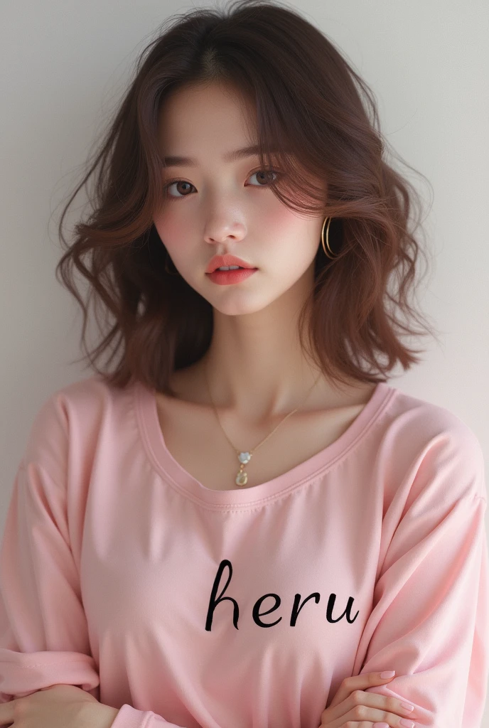 Beautiful girl with wavy long hair, in Pink shirt , with text on her chest " HERU" and showing it to the viewer