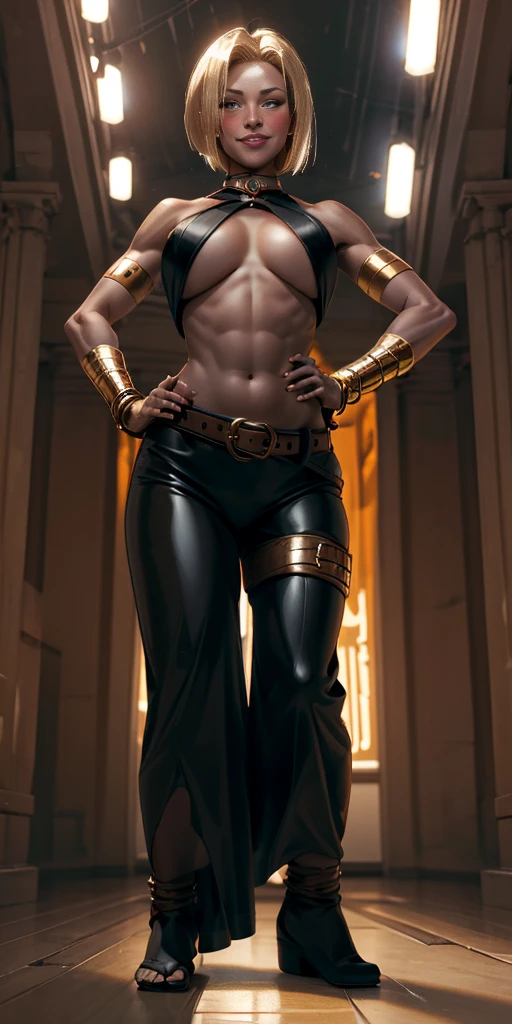 full body, whole body, solo, female, big breast (Android 18 Face) yellow bikini, hands on hips, hands on waist, navel, lustful smirking smiling, smile face (red blushed, red cheeks) metal shoulders, gold sleeveless armbands, black leather choker collar, shackle bracelet, pauldrons, breastplate, leather corset, eye focus, loincloth standing, metal sandals, twin big belt, view from below, feet together, bracers, tiara