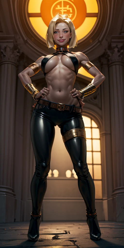 full body, whole body, solo, female, big breast (Android 18 Face) yellow bikini, hands on hips, hands on waist, navel, lustful smirking smiling, smile face (red blushed, red cheeks) metal shoulders, gold sleeveless armbands, black leather choker collar, shackle bracelet, pauldrons, breastplate, leather corset, eye focus, loincloth standing, metal sandals, twin big belt, view from below, feet together, bracers, tiara