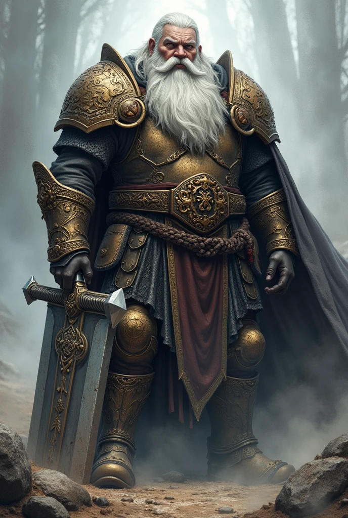 Clangeddin Silverbeard Physical Characteristics: An imposing dwarf with a long, thick silver beard, wearing heavy armor adorned with battle runes. He wields a large sword or axe, and its presence is striking and imposing, reflecting his skill and honor in combat.