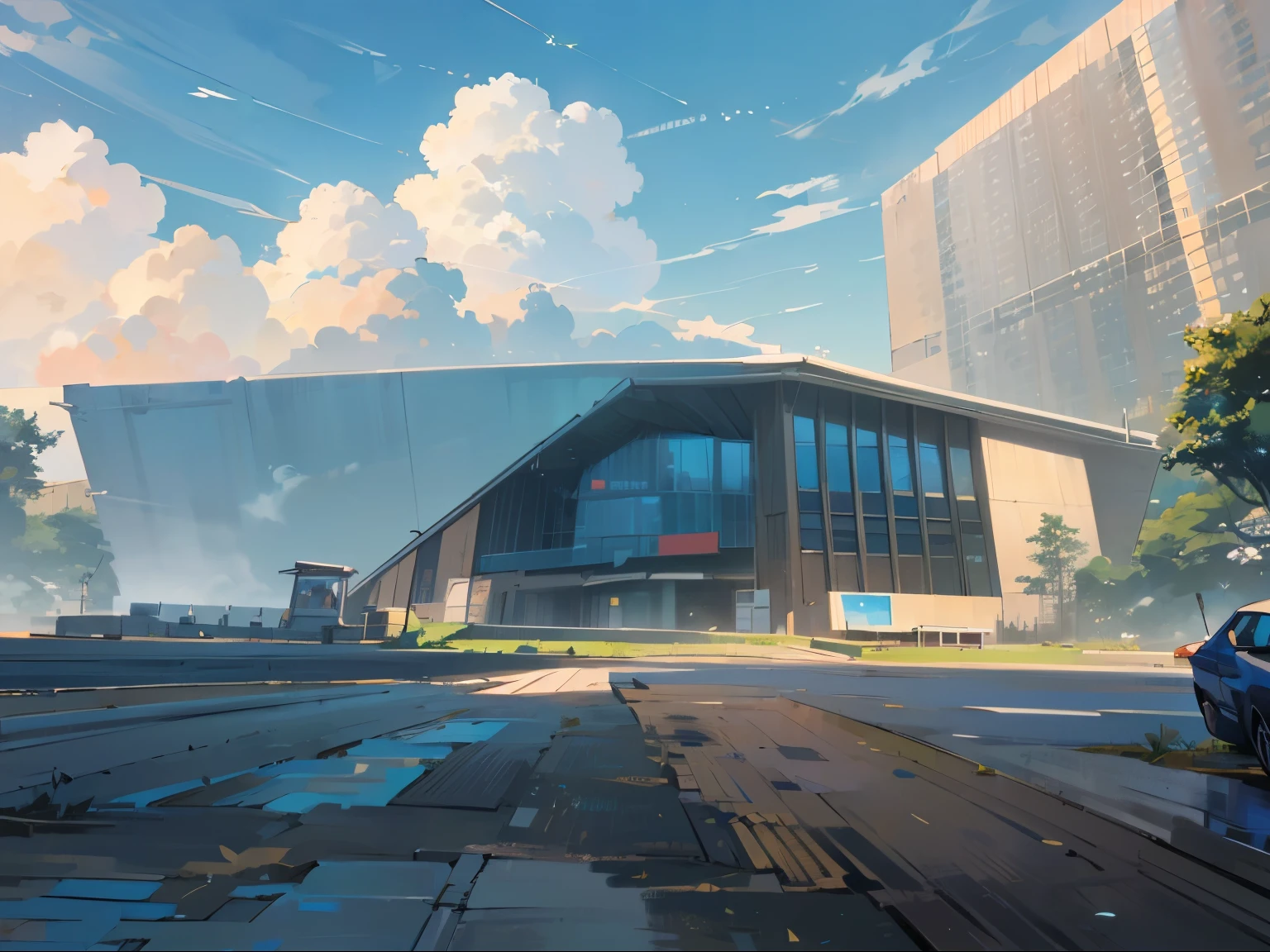 (((mordern building))), anime style, Sunny day, (((best quality))),blue_sky, cloud, cloudy_sky
