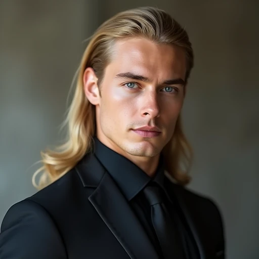 (photorealism:1.2), handsome man, back-length blond hair, gray eyes, fair skin, formal, elegant, fancy, well defined, extremely handsome man, formal, handsome, black formal outfit, long blond hair