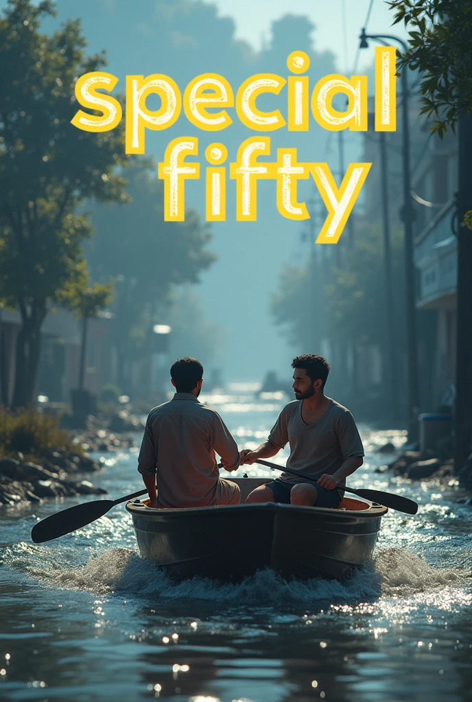 A picture of a social organisation where "Special Fifty" will be written and in background 2 peaple are saving a baby in flood by a boat