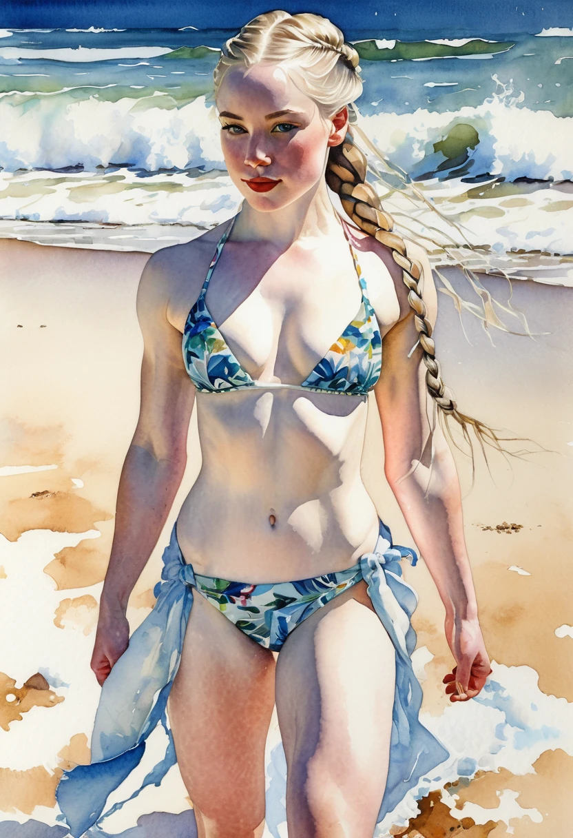 watercolor painting of a pale skin 1 girl, long braided hair falling over her shoulders, ((muscular body)) with defined muscles showing strength and elegance, wearing a bikini that highlights her physique, standing confidently on a sandy beach with gentle waves lapping at her feet, in the style of Norman Rockwell with vibrant colors and attention to detail