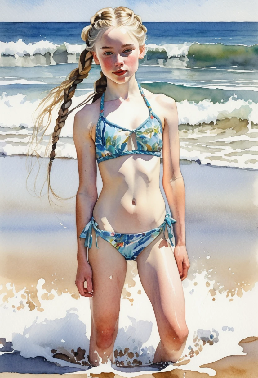 watercolor painting of a pale skin 1 girl, long braided hair falling over her shoulders, ((muscular body)) with defined muscles showing strength and elegance, wearing a bikini that highlights her physique, standing confidently on a sandy beach with gentle waves lapping at her feet, in the style of Norman Rockwell with vibrant colors and attention to detail