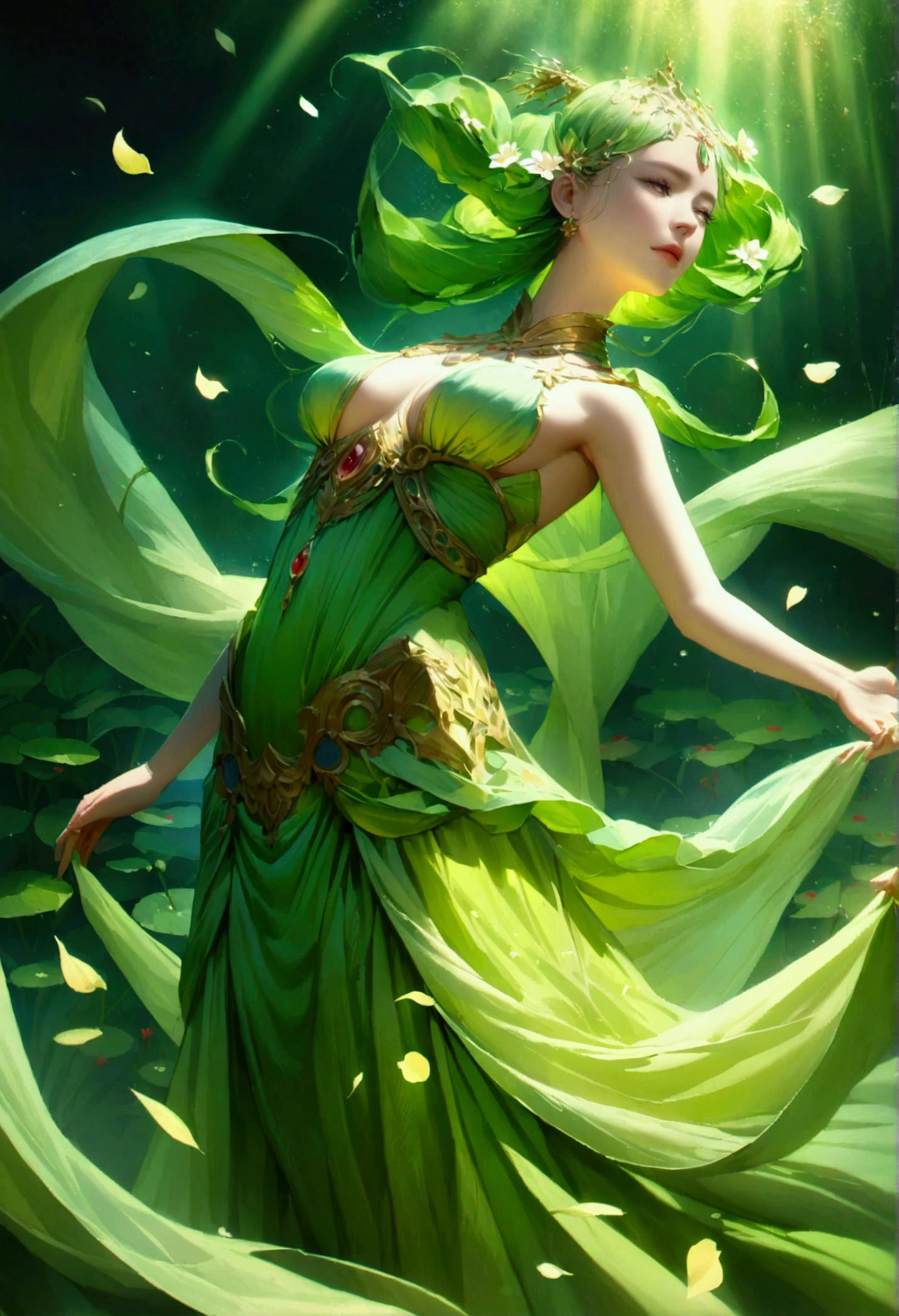 A graceful floating water goddess Suggested details Indian-like style A graceful floating water goddess, her delicate figure is surrounded by a tranquil garden of ethereal water flowers. These flower petals convey many emotions, moving gently with the wind rippling on the surface of the clear water. The stems of aquatic plants come in many vibrant colors, dazzling with their beauty. This captivating scene is depicted in a painting of stunning detail, where every aspect comes alive with rich and vibrant colors against the surrounding green background, transcending reality and illusion. , the footage has high detail, impressive lighting, and is extremely realistic.