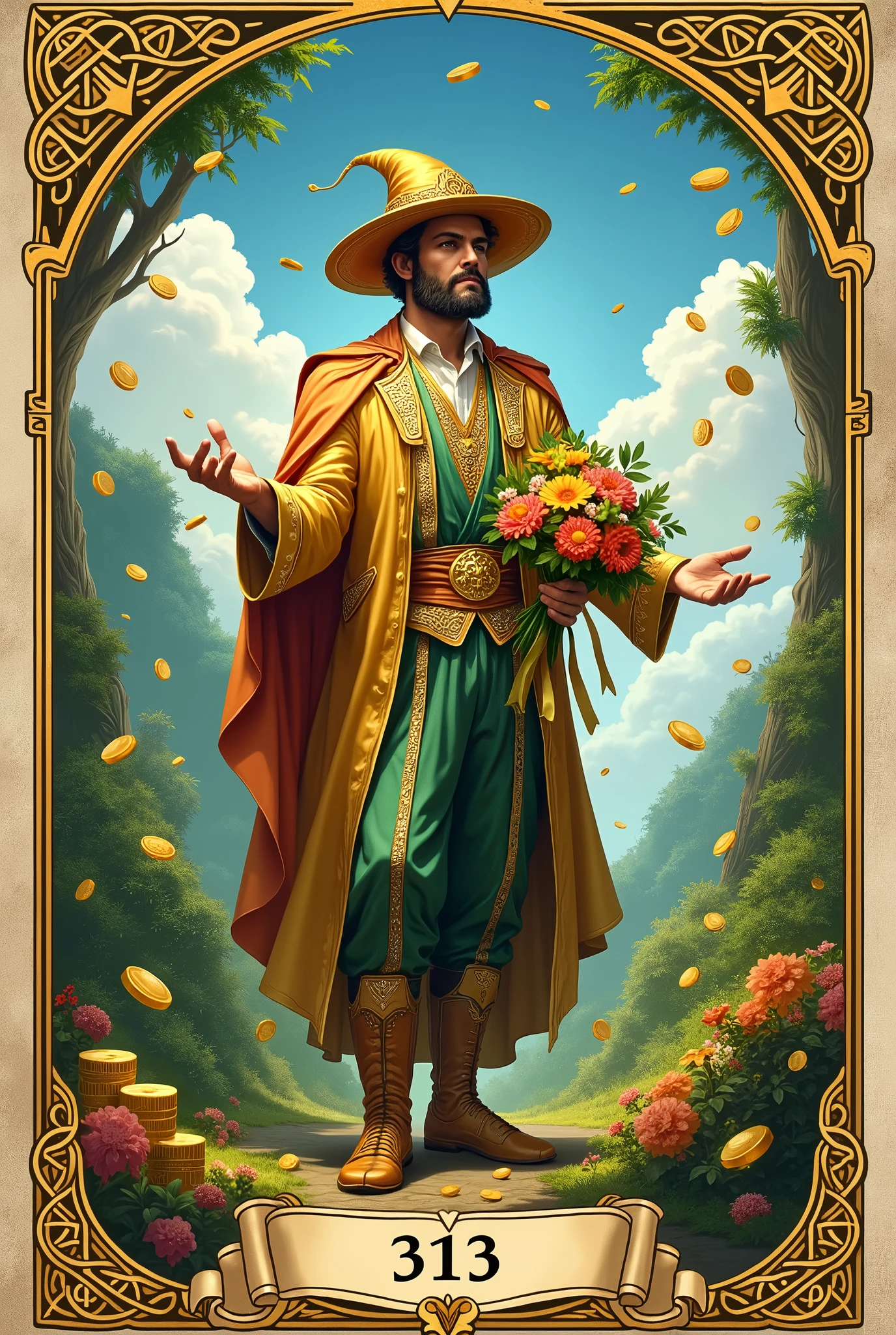 A richly attired man, the epitome of luck and prosperity, standing in the center of a lush, verdant garden. The man is the central figure of the tarot card, known as "Luck" with the number 313 inscribed in an elegant golden scroll at the bottom. He is adorned with a three-pointed hat, symbolizing the triad of mind, body, and spirit, all aligned in the pursuit of fortune. In his right hand, he holds a bouquet of blooming flowers, each one a vibrant representation of the various aspects of luck that flourish under his care. His left hand is open and extended, palm upwards, as if to receive the bountiful gifts of the universe. Around him, golden coins rain down from the sky, a visual metaphor for the abundance and wealth that he attracts. The garden is a maze of opportunities, with each path leading to a different facet of success. The vibrant hues of green and gold signify growth and riches, while the clear blue sky above, with a few fluffy white clouds, symbolizes clarity and boundless potential. The man's gaze is focused yet serene, reflecting the inner peace and confidence that comes with knowing one is in the right place at the right time. His attire is opulent, with intricate embroidery and jewels that sparkle in the sunlight, emphasizing his prosperous state. The card's border is adorned with intricate Celtic knots, which speak of the interconnectedness of fate and the eternal cycle of luck. This tarot card encapsulates the essence of Luck 313, a powerful amulet in the mystical world of fortune-telling, promising the beholder a life of abundance and success, should they navigate their path with wisdom and an open heart.