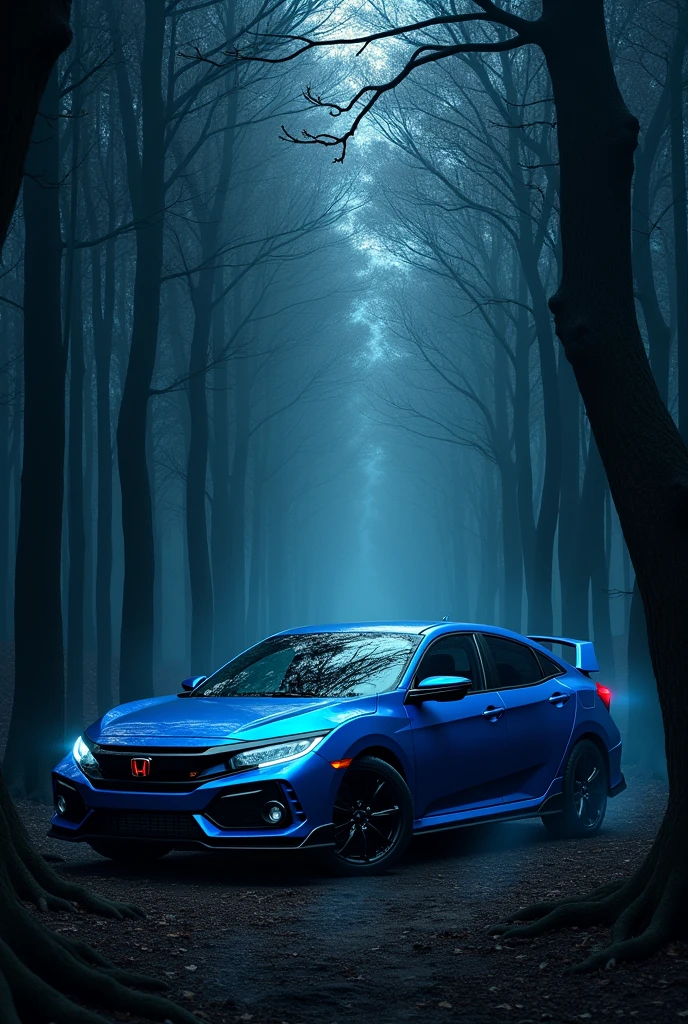 Blue car with black trees