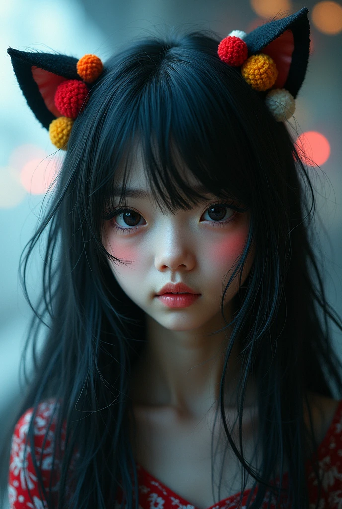 black hair, hair bobbles, wince, longeyelashes, solid circle eyes, fake animal ears, light smile, ear blush, fang, ccurate, Surrealism, drop shadow, anaglyph, stereogram, tachi-e, pov, atmospheric perspective, 8k, super detail, best quality