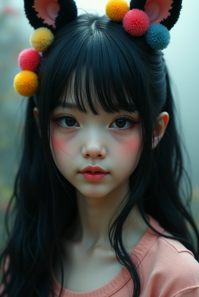 black hair, hair bobbles, wince, longeyelashes, solid circle eyes, fake animal ears, light smile, ear blush, fang, ccurate, Surrealism, drop shadow, anaglyph, stereogram, tachi-e, pov, atmospheric perspective, 8k, super detail, best quality